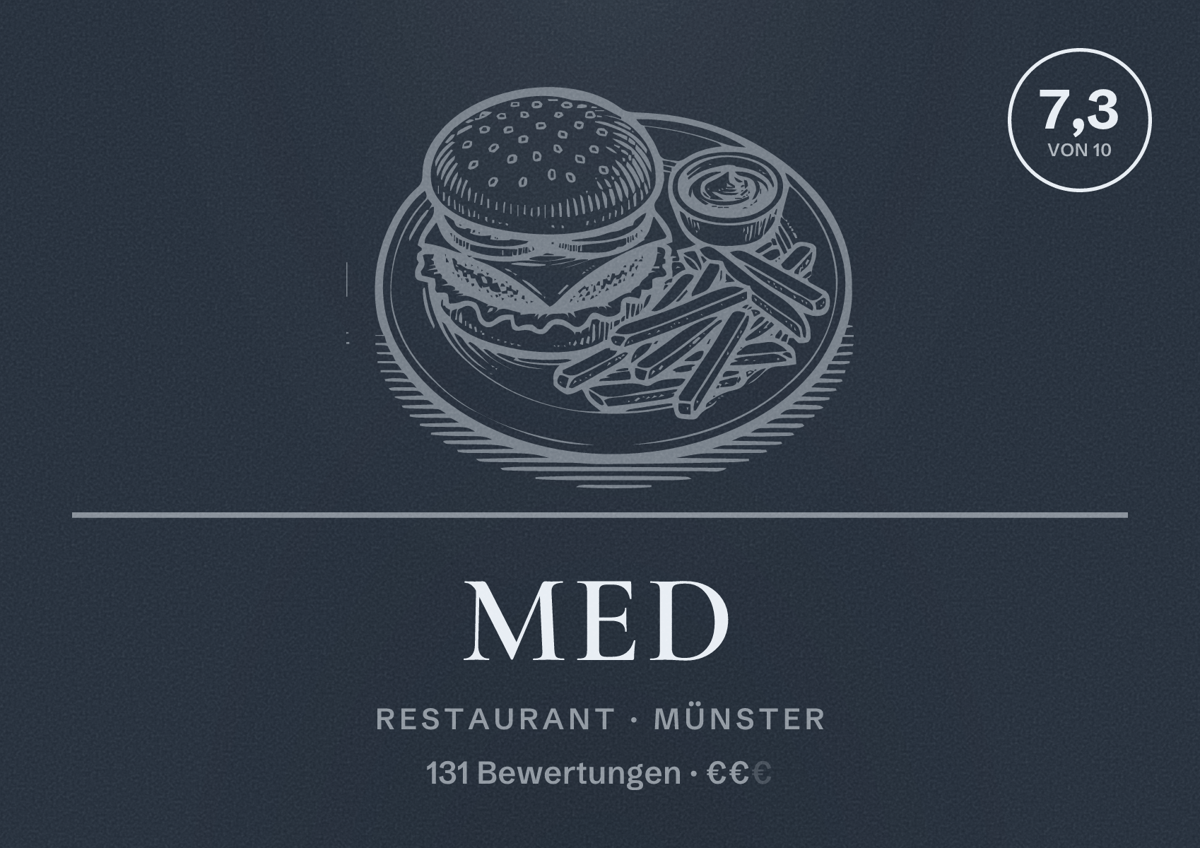 Illustriertes Poster von Med, Restaurant in Münster: Bewertung 7,3 von 10 aus 131 Bewertungen, Preisniveau €€