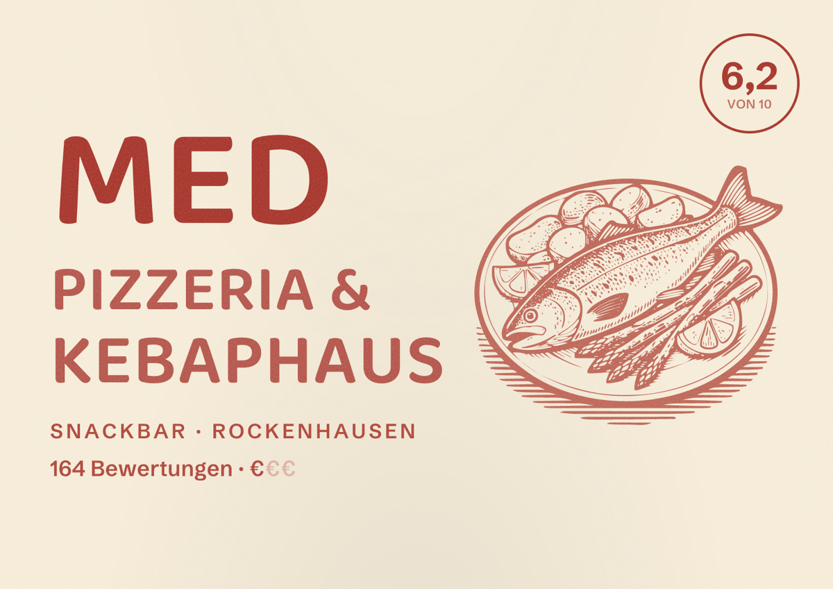 Illustriertes Poster von Med Pizzeria & Kebaphaus, Snackbar in Rockenhausen: Bewertung 6,2 von 10 aus 164 Bewertungen, Preisniveau €