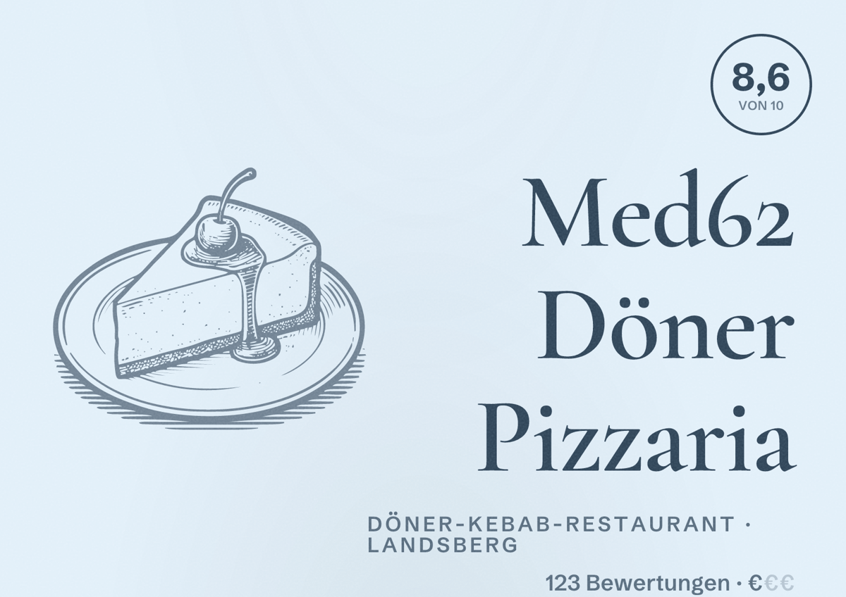 Illustriertes Poster von Med62 Döner Pizzaria, Döner-Kebab-Restaurant in Landsberg: Bewertung 8,6 von 10 aus 123 Bewertungen, Preisniveau €
