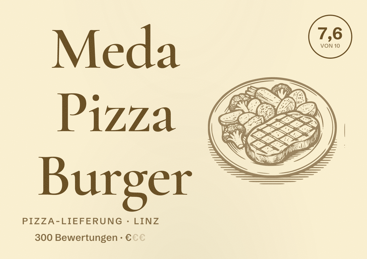 Illustriertes Poster von Meda Pizza Burger, Pizza-Lieferung in Linz: Bewertung 7,6 von 10 aus 300 Bewertungen, Preisniveau €