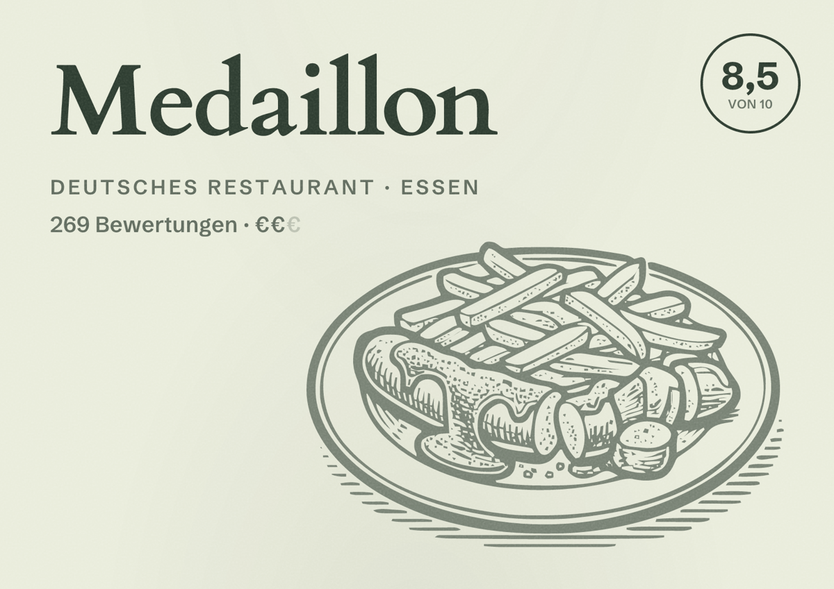 Illustriertes Poster von Medaillon, Deutsches Restaurant in Essen: Gästebewertung 8,5 von 10 aus 269 Bewertungen