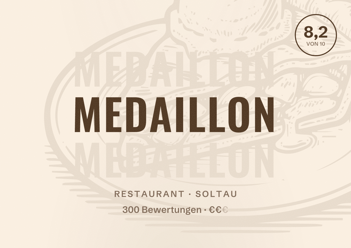 Illustriertes Poster von Medaillon, Restaurant in Soltau: Bewertung 8,2 von 10 aus 300 Bewertungen, Preisniveau €€
