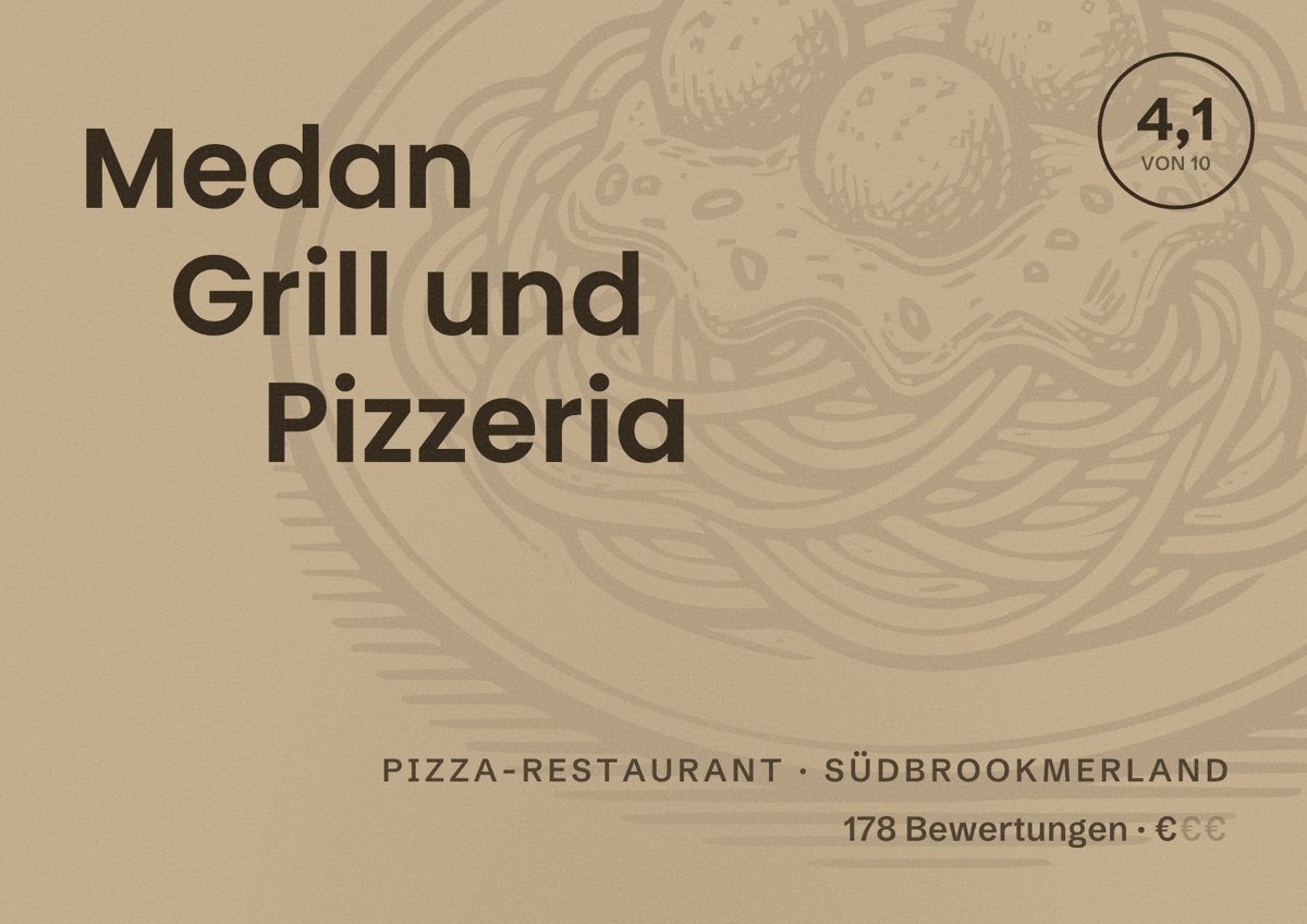 Illustriertes Poster von Medan Grill und Pizzeria, Pizza-Restaurant in Südbrookmerland: Bewertung 4,1 von 10 aus 178 Bewertungen, Preisniveau €
