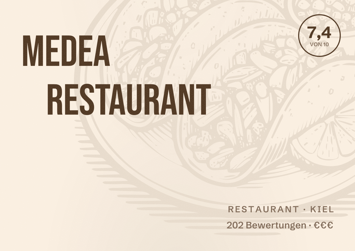 Illustriertes Poster von Medea Restaurant, Restaurant in Kiel: Bewertung 7,4 von 10 aus 202 Bewertungen, Preisniveau €€€