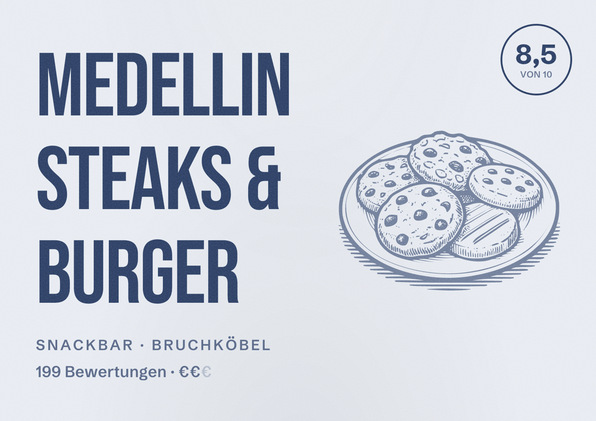 Illustriertes Poster von Medellin Steaks & Burger, Snackbar in Bruchköbel: Bewertung 8,5 von 10 aus 199 Bewertungen, Preisniveau €€