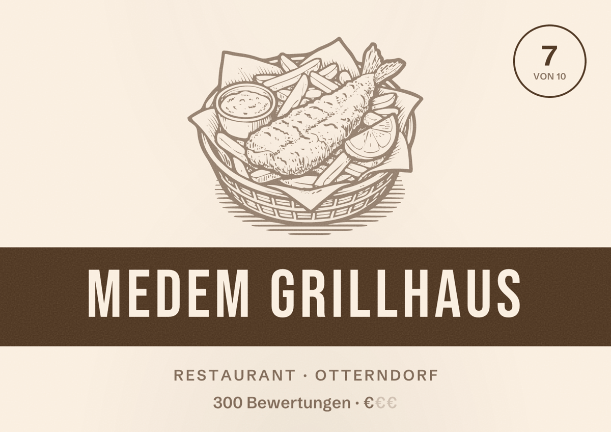 Illustriertes Poster von Medem Grillhaus, Restaurant in Otterndorf: Bewertung 7 von 10 aus 300 Bewertungen, Preisniveau €