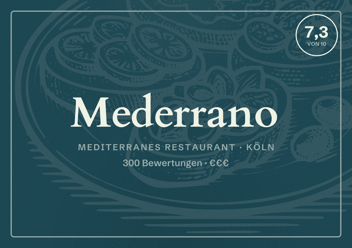 Illustriertes Poster von Mederrano, Mediterranes Restaurant in Köln: Bewertung 7,3 von 10 aus 300 Bewertungen, Preisniveau €€€