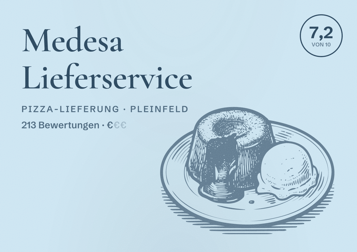 Illustriertes Poster von Medesa Lieferservice, Pizza-Lieferung in Pleinfeld: Bewertung 7,2 von 10 aus 213 Bewertungen, Preisniveau €