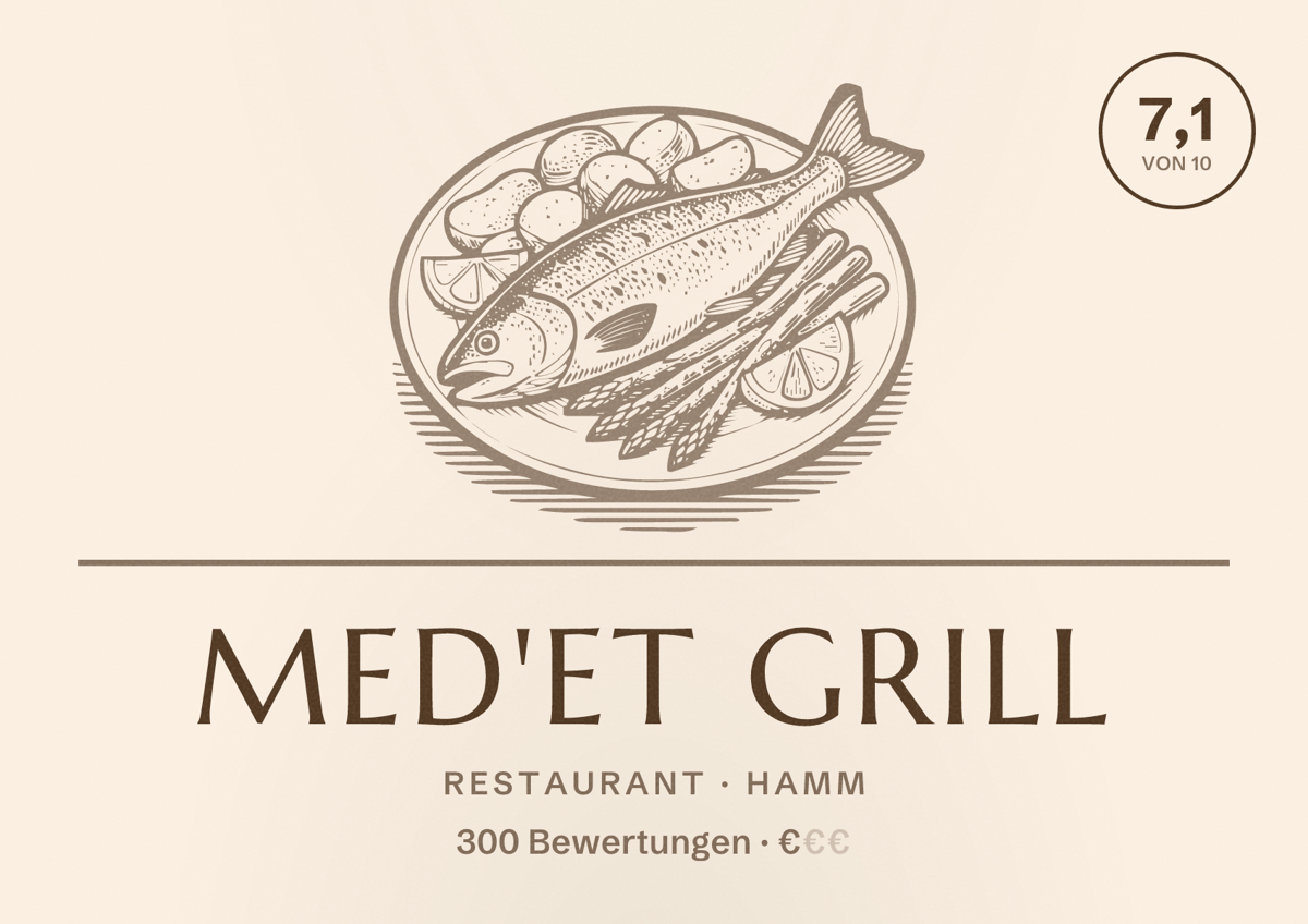 Illustriertes Poster von Med'Et Grill, Restaurant in Hamm: Bewertung 7,1 von 10 aus 300 Bewertungen, Preisniveau €