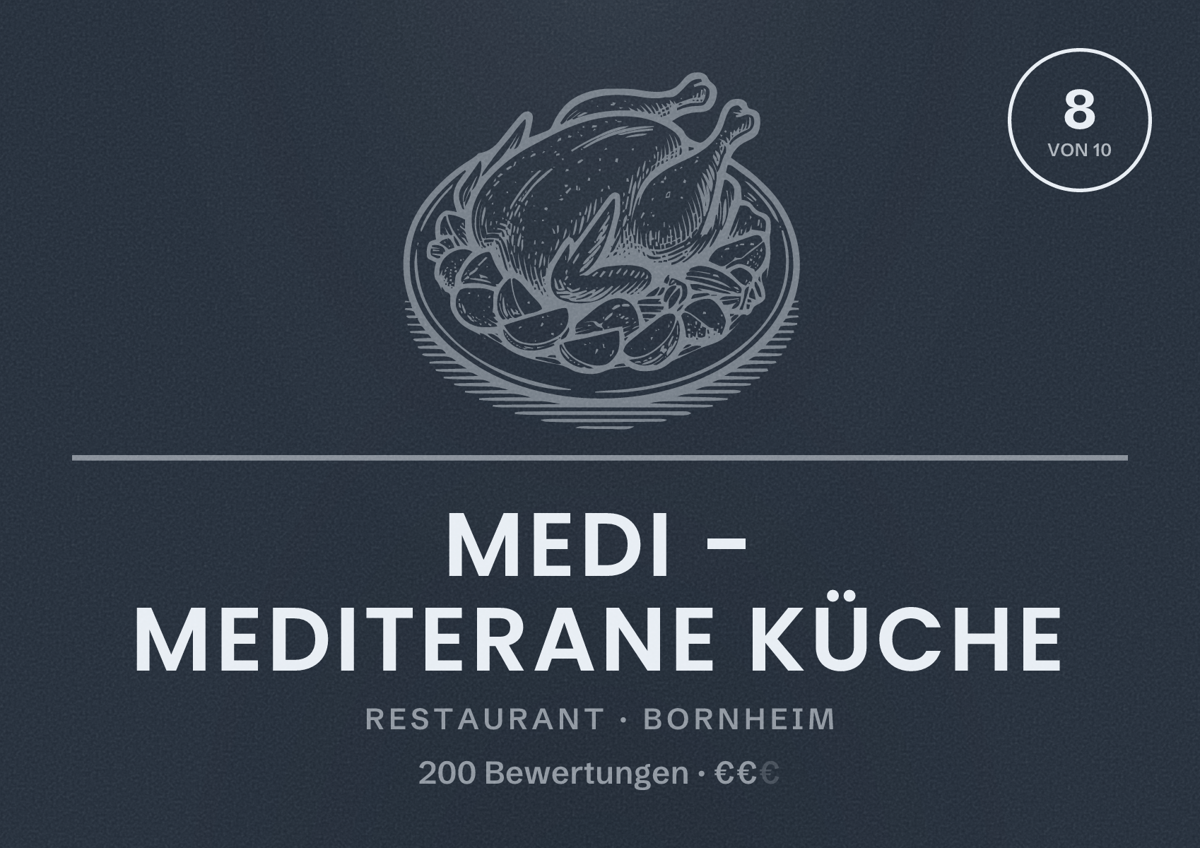 Illustriertes Poster von Medi - Mediterane Küche, Restaurant in Bornheim: Bewertung 8 von 10 aus 200 Bewertungen, Preisniveau €€