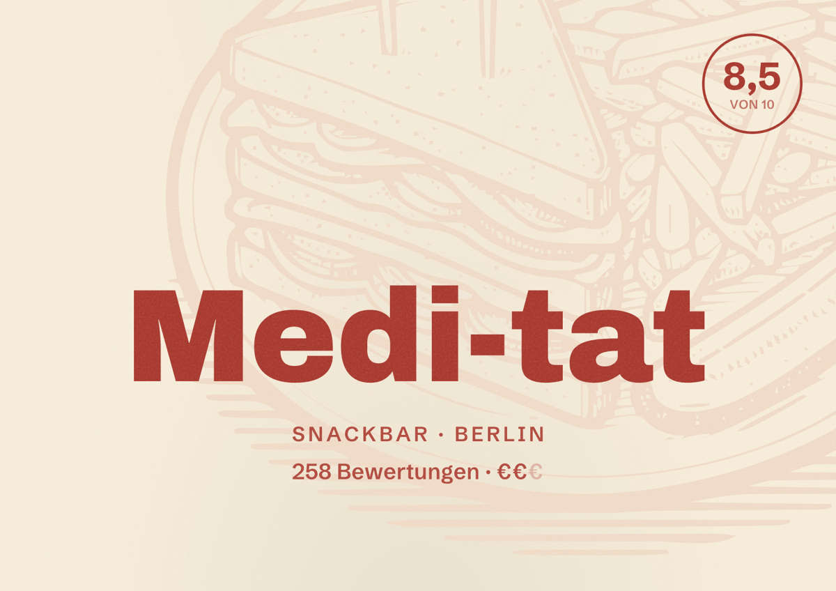 Illustriertes Poster von Medi-tat, Snackbar in Berlin: Bewertung 8,5 von 10 aus 258 Bewertungen, Preisniveau €€