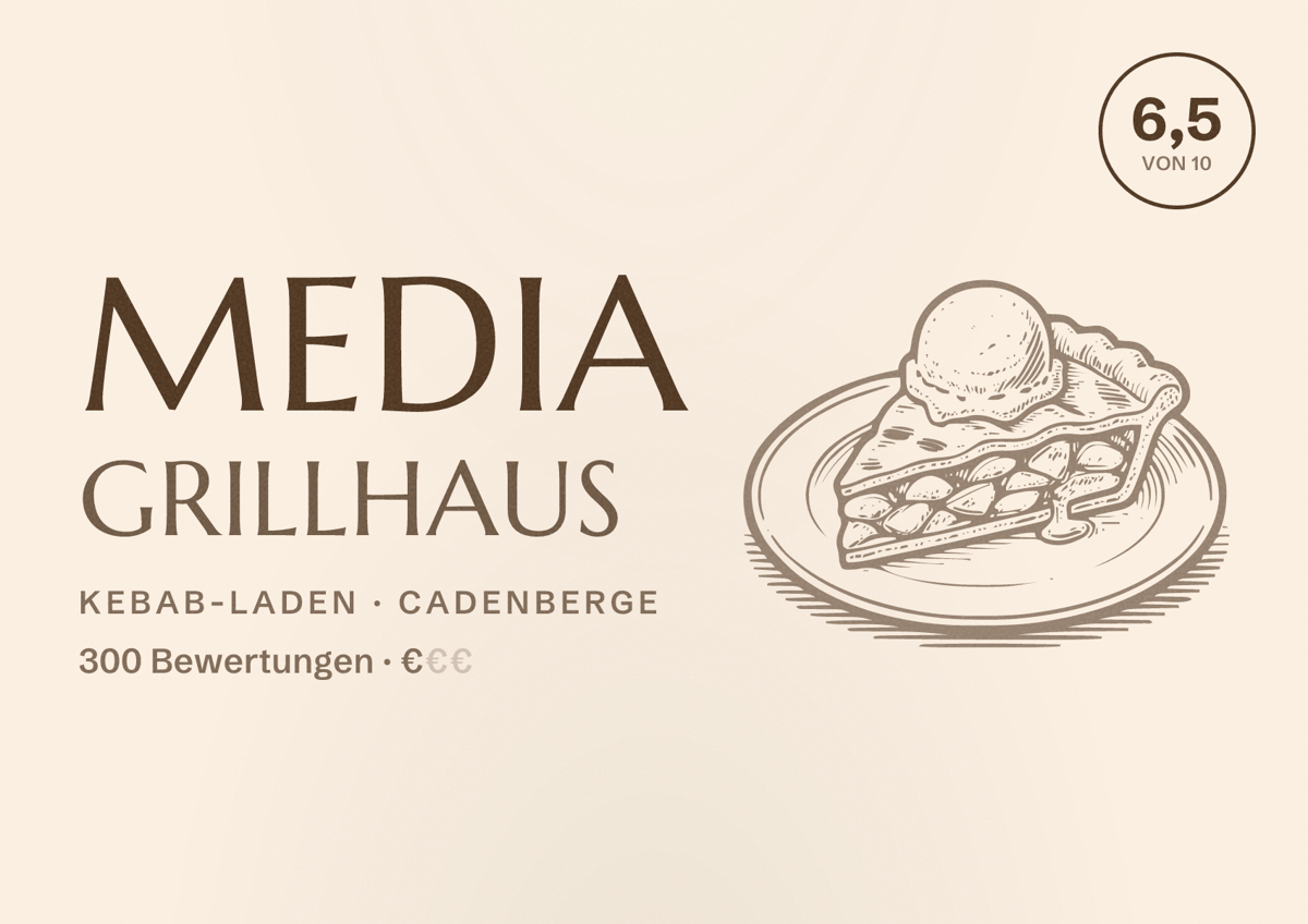 Illustriertes Poster von Media Grillhaus, Kebab-Laden in Cadenberge: Bewertung 6,5 von 10 aus 300 Bewertungen, Preisniveau €