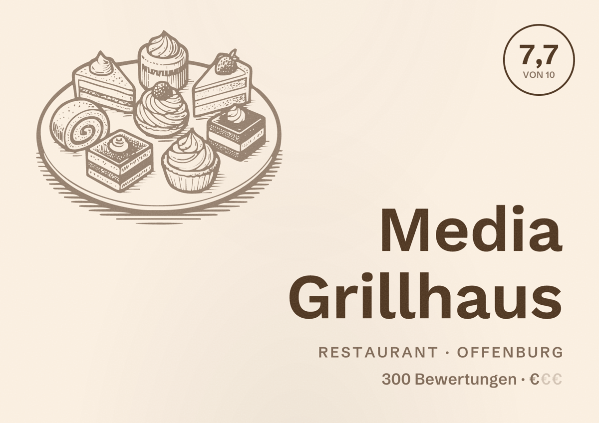 Illustriertes Poster von Media Grillhaus, Restaurant in Offenburg: Bewertung 7,7 von 10 aus 300 Bewertungen, Preisniveau €