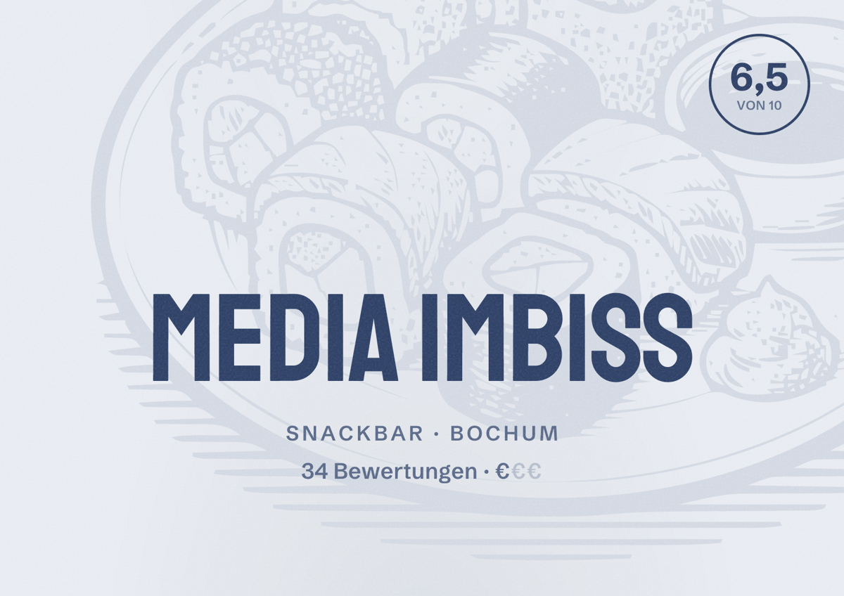 Illustriertes Poster von Media Imbiss, Snackbar in Bochum: Bewertung 6,5 von 10 aus 34 Bewertungen, Preisniveau €