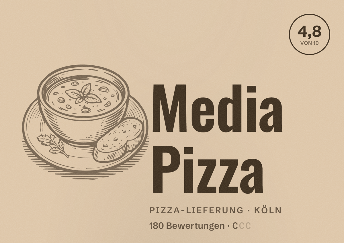Illustriertes Poster von Media Pizza, Pizza-Lieferung in Köln: Bewertung 4,8 von 10 aus 180 Bewertungen, Preisniveau €