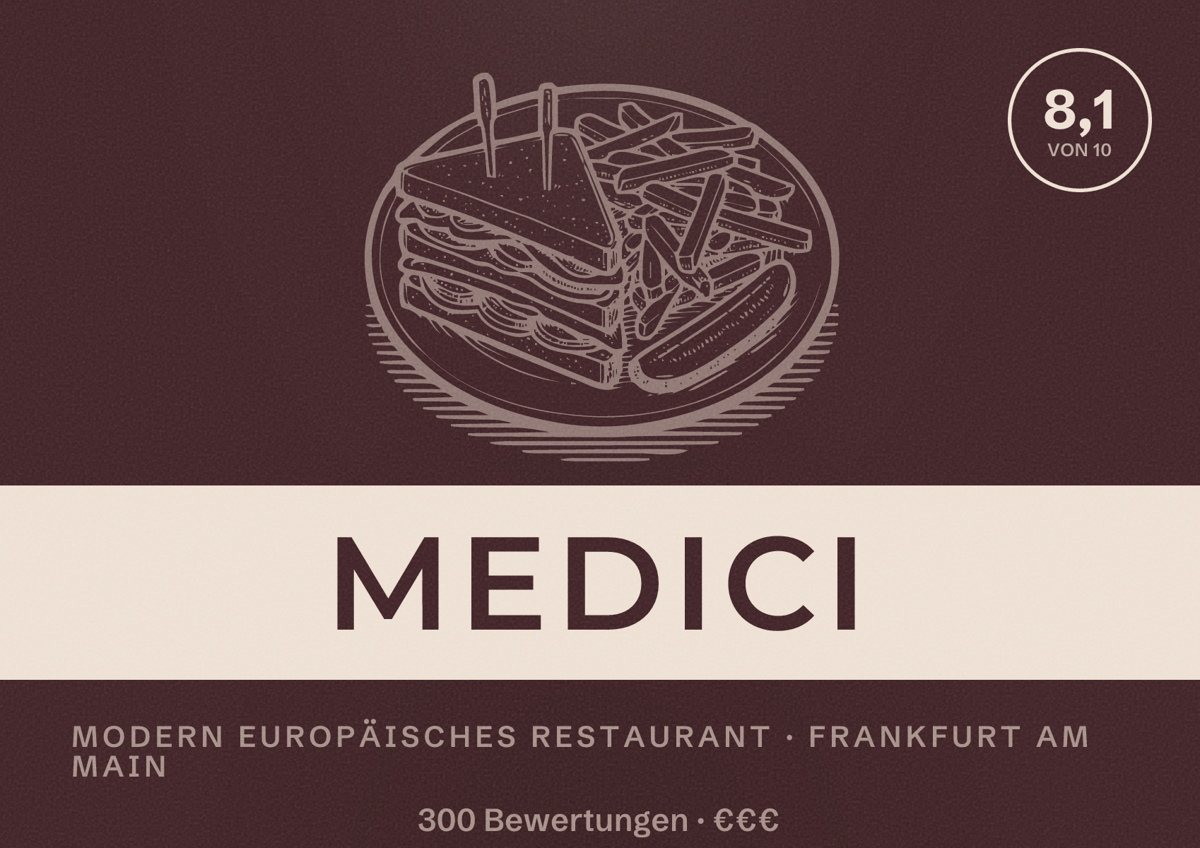 Illustriertes Poster von Medici, Modern europäisches Restaurant in Frankfurt am Main: Bewertung 8,1 von 10 aus 300 Bewertungen, Preisniveau €€€