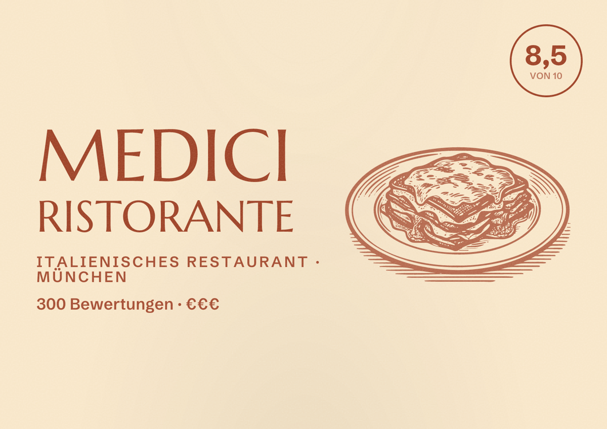 Illustriertes Poster von Medici Ristorante, Italienisches Restaurant in München: Bewertung 8,5 von 10 aus 300 Bewertungen, Preisniveau €€€