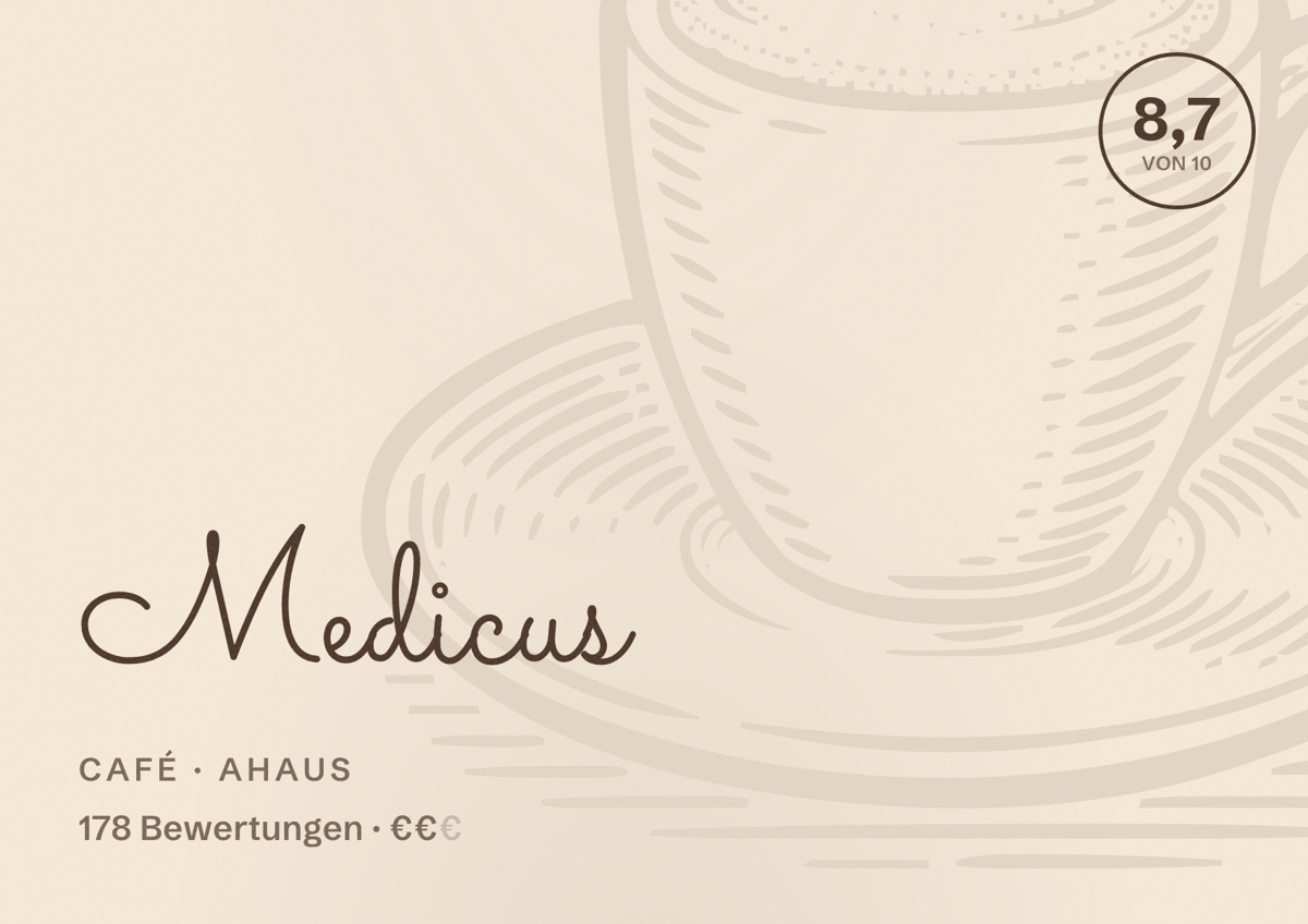 Illustriertes Poster von Medicus, Café in Ahaus: Bewertung 8,7 von 10 aus 178 Bewertungen, Preisniveau €€