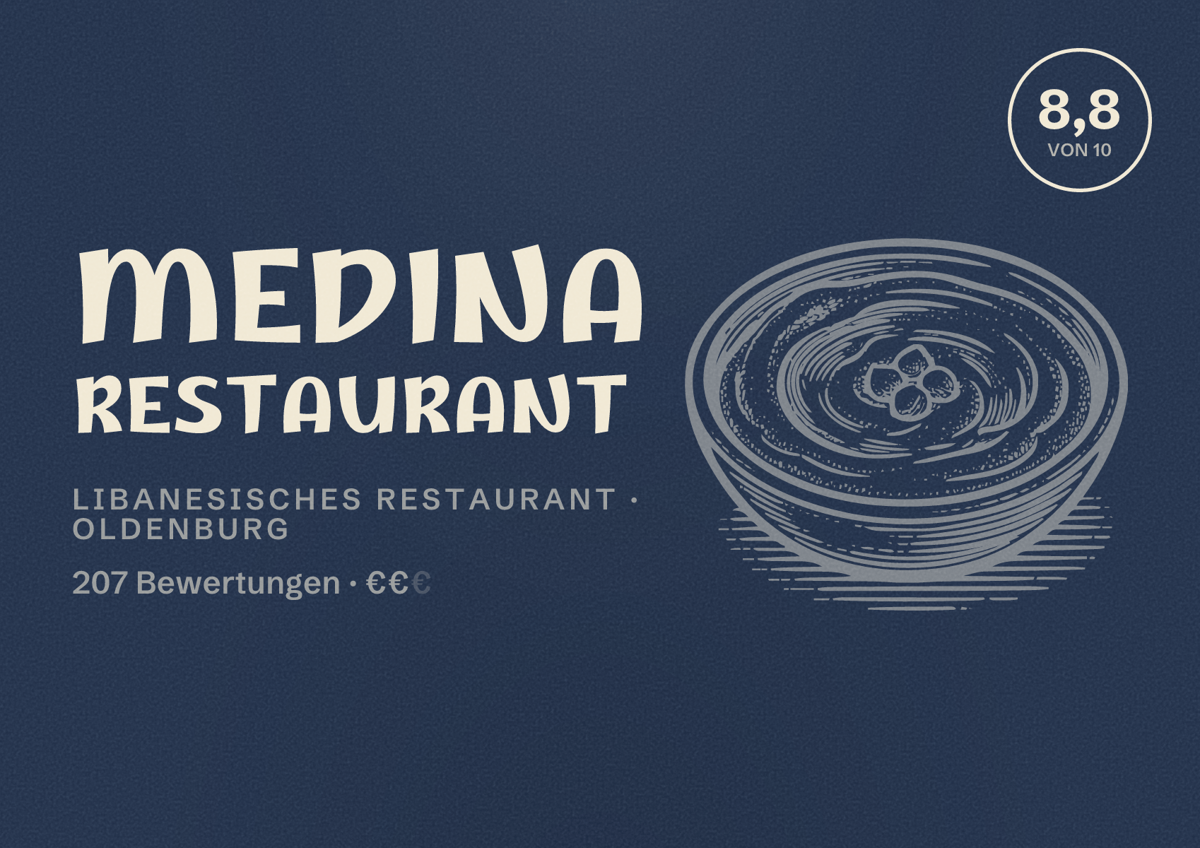 Illustriertes Poster von Medina Restaurant, Libanesisches Restaurant in Oldenburg: Bewertung 8,8 von 10 aus 207 Bewertungen, Preisniveau €€