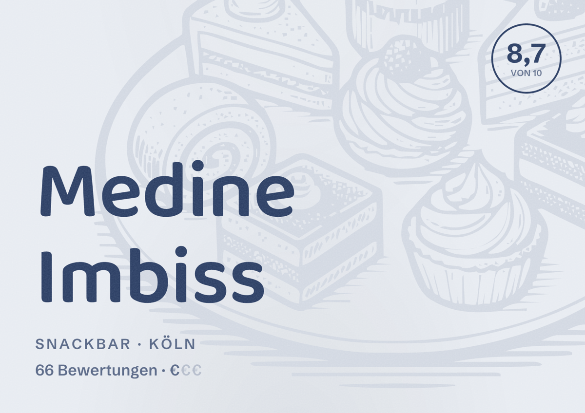 Illustriertes Poster von Medine Imbiss, Snackbar in Köln: Bewertung 8,7 von 10 aus 66 Bewertungen, Preisniveau €