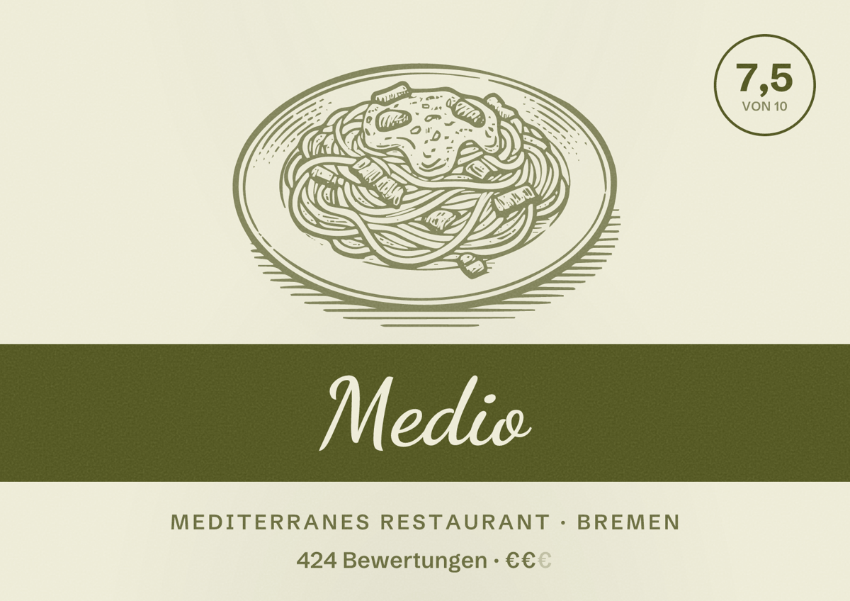Illustriertes Poster von Medio, Mediterranes Restaurant in Bremen: Bewertung 7,5 von 10 aus 424 Bewertungen, Preisniveau €€