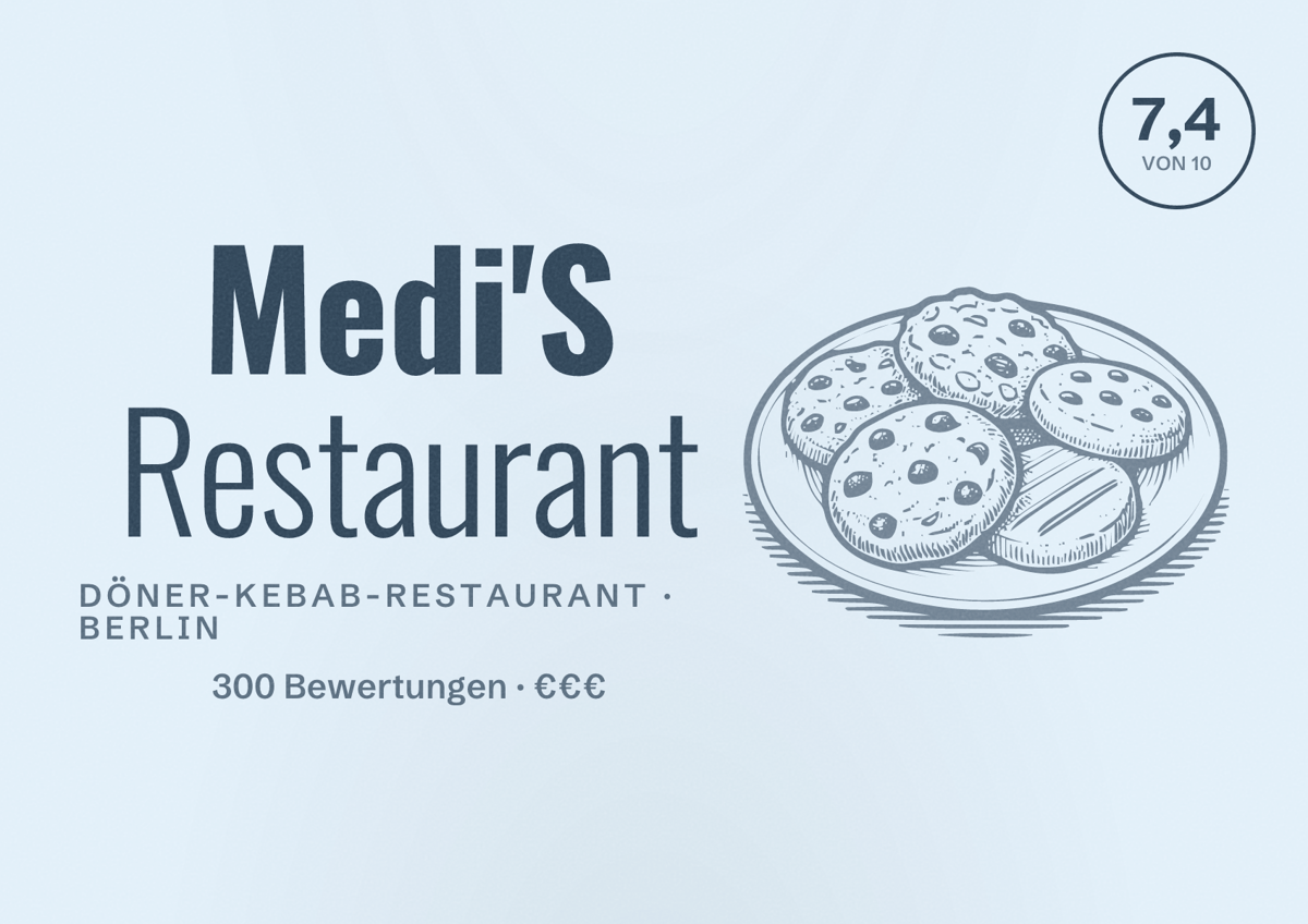 Illustriertes Poster von Medi'S Restaurant, Döner-Kebab-Restaurant in Berlin: Bewertung 7,4 von 10 aus 300 Bewertungen, Preisniveau €€€