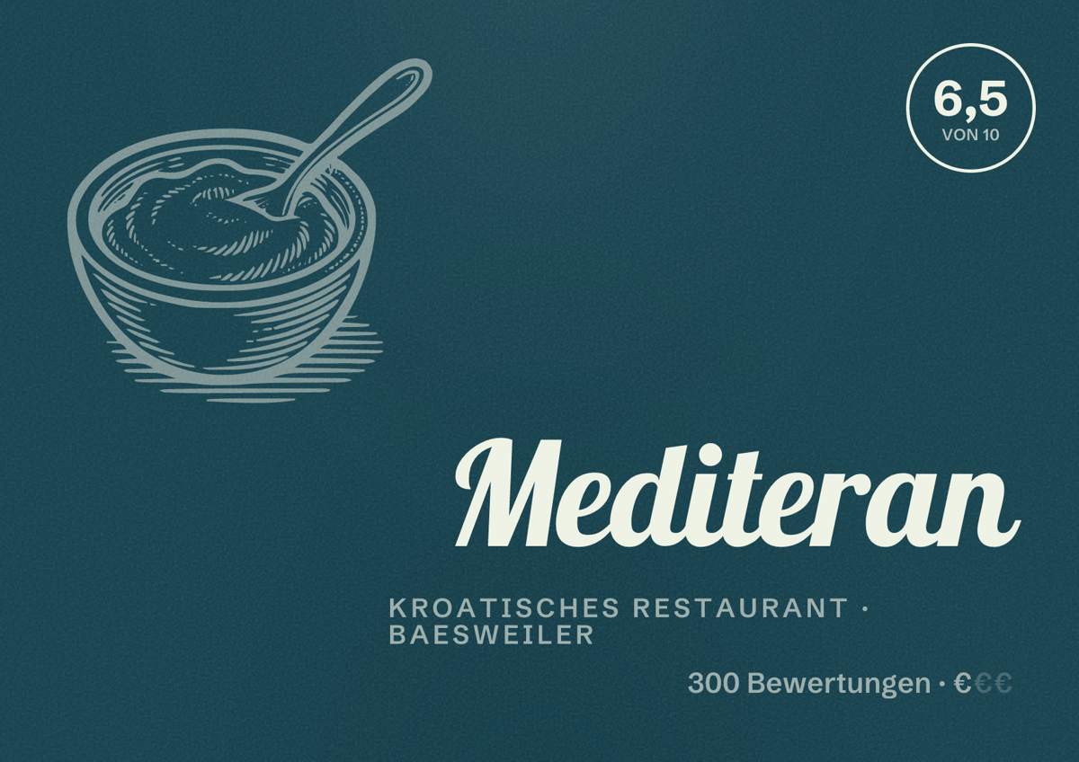 Illustriertes Poster von Mediteran, Kroatisches Restaurant in Baesweiler: Bewertung 6,5 von 10 aus 300 Bewertungen, Preisniveau €