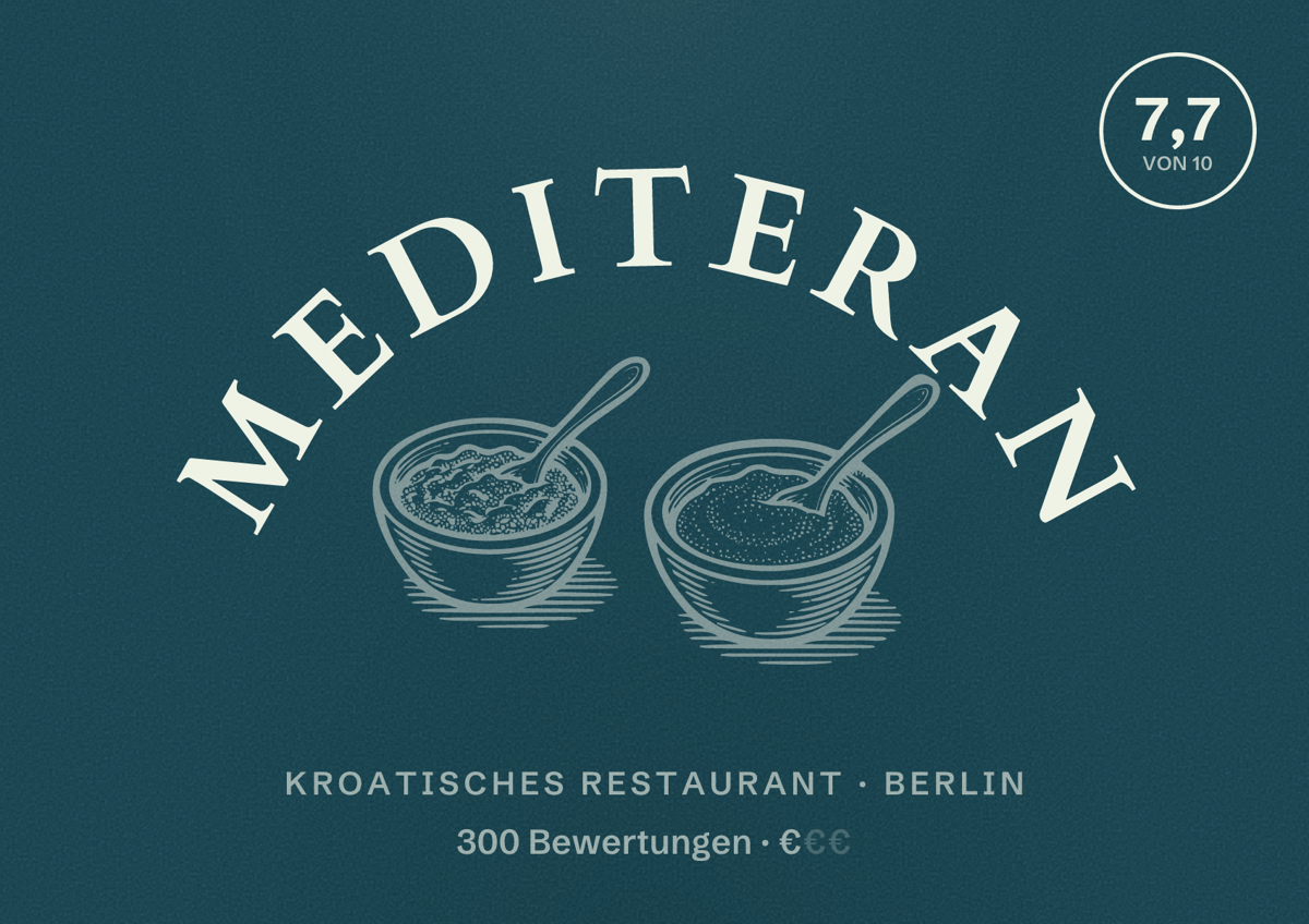 Illustriertes Poster von Mediteran, Kroatisches Restaurant in Berlin: Bewertung 7,7 von 10 aus 300 Bewertungen, Preisniveau €