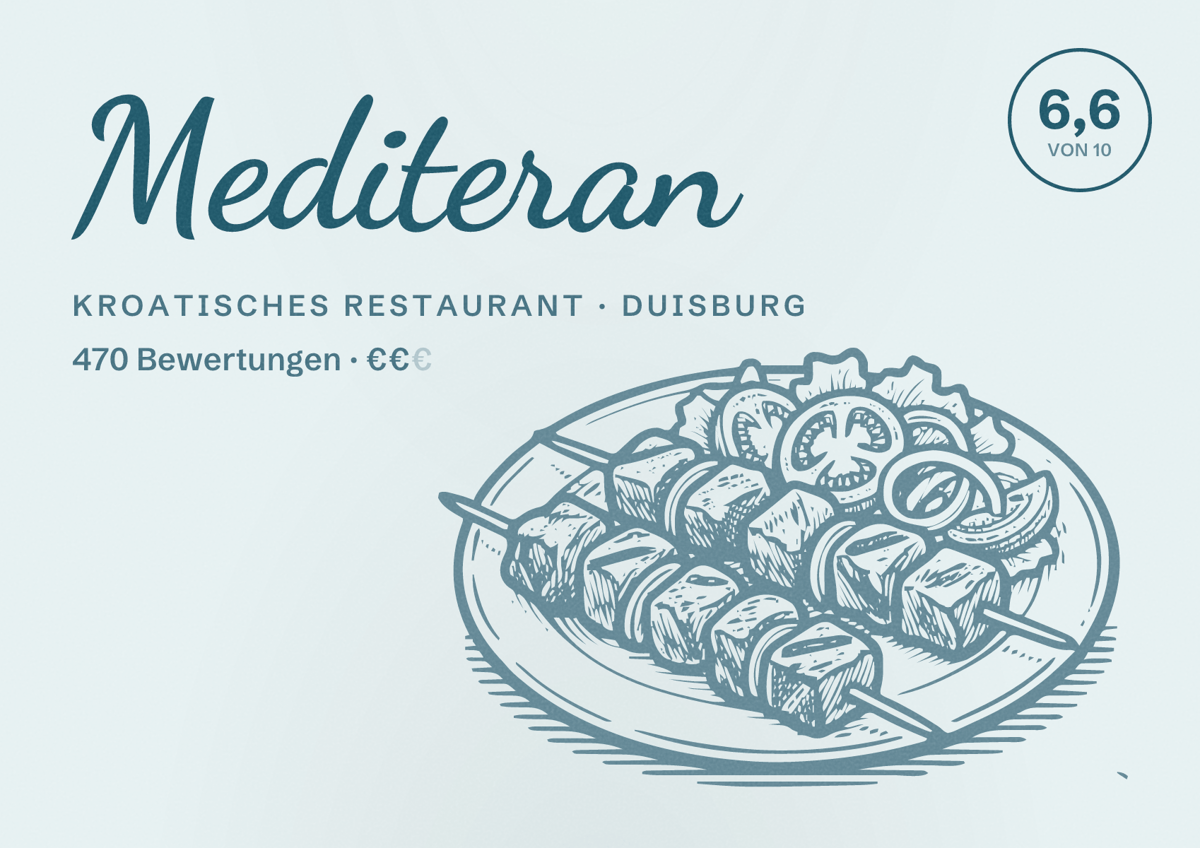Illustriertes Poster von Mediteran, Kroatisches Restaurant in Duisburg: Bewertung 6,6 von 10 aus 470 Bewertungen, Preisniveau €€