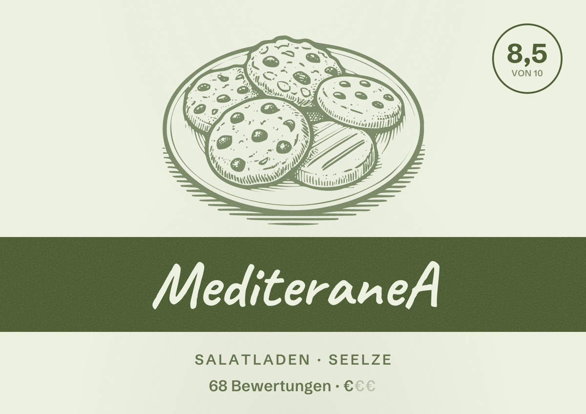 Illustriertes Poster von MediteraneA, Salatladen in Seelze: Bewertung 8,5 von 10 aus 68 Bewertungen, Preisniveau €