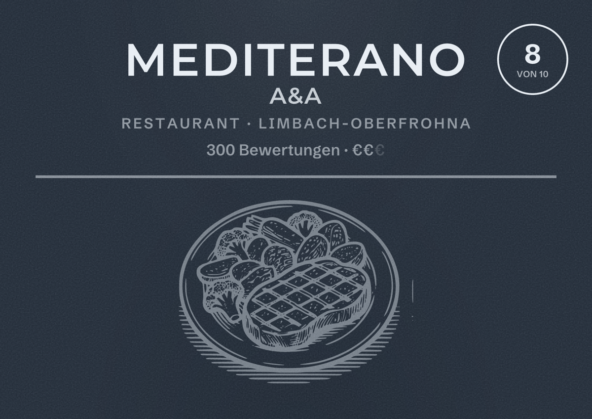 Illustriertes Poster von Mediterano A&A, Restaurant in Limbach-Oberfrohna: Bewertung 8 von 10 aus 300 Bewertungen, Preisniveau €€