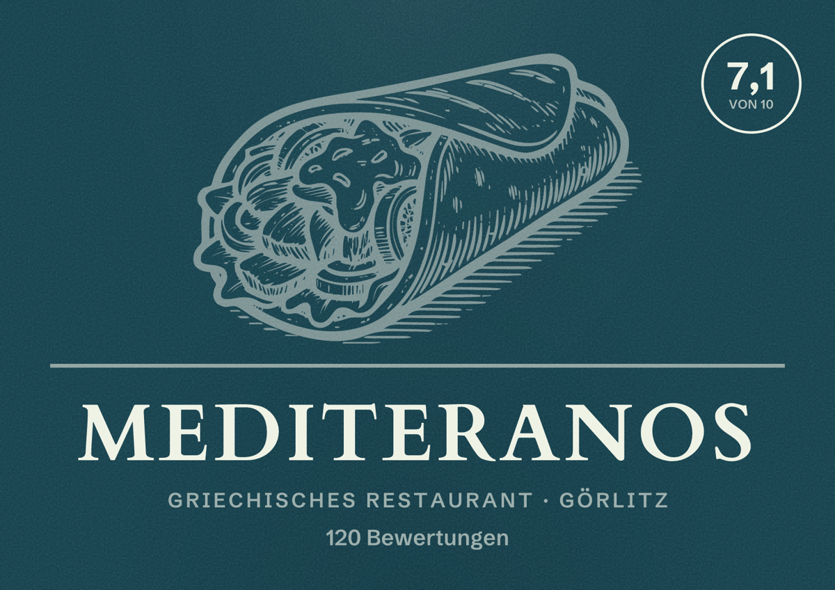 Illustriertes Poster von Mediteranos, Griechisches Restaurant in Görlitz: Bewertung 7,1 von 10 aus 120 Bewertungen