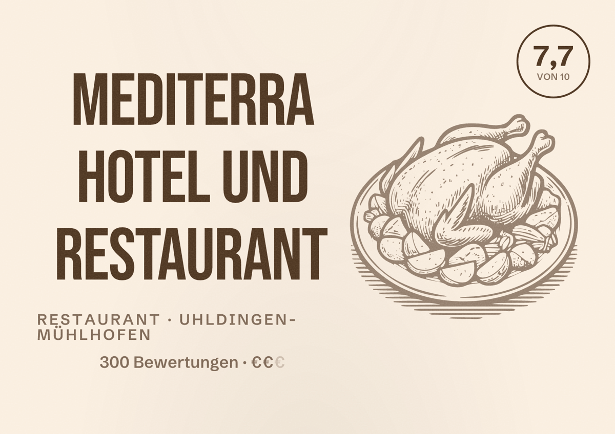 Illustriertes Poster von Mediterra Hotel und Restaurant, Restaurant in Uhldingen-Mühlhofen: Bewertung 7,7 von 10 aus 300 Bewertungen, Preisniveau €€
