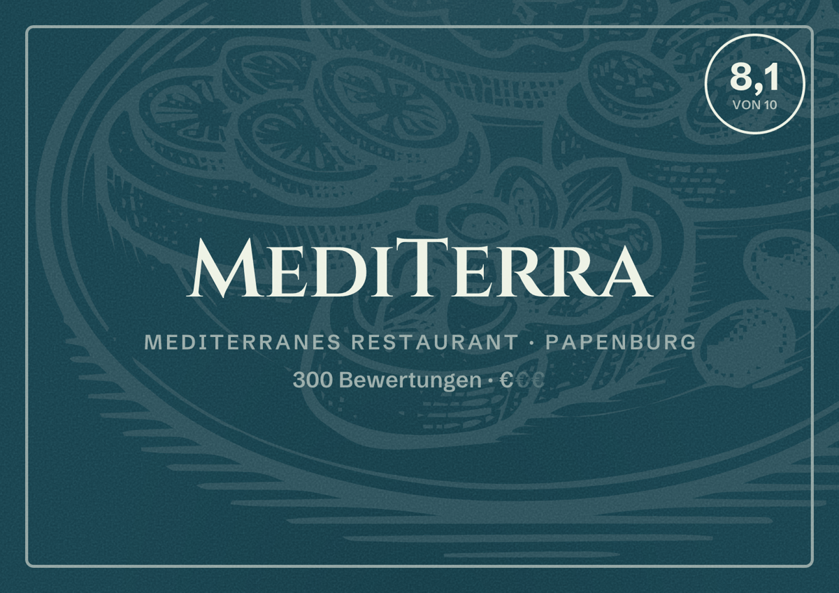 Illustriertes Poster von MediTerra, Mediterranes Restaurant in Papenburg: Bewertung 8,1 von 10 aus 300 Bewertungen, Preisniveau €