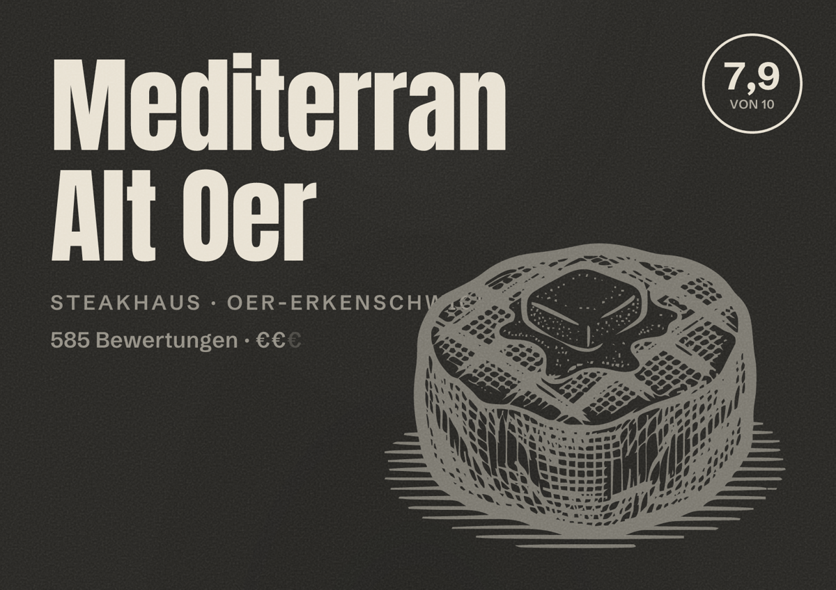 Illustriertes Poster von Mediterran Alt Oer, Steakhaus in Oer-Erkenschwick: Bewertung 7,9 von 10 aus 585 Bewertungen, Preisniveau €€