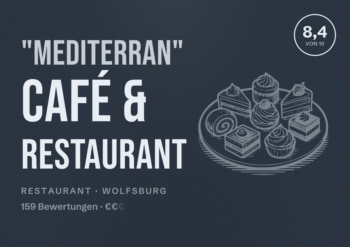 Illustriertes Poster von "Mediterran" Café & Restaurant, Restaurant in Wolfsburg: Bewertung 8,4 von 10 aus 159 Bewertungen, Preisniveau €€