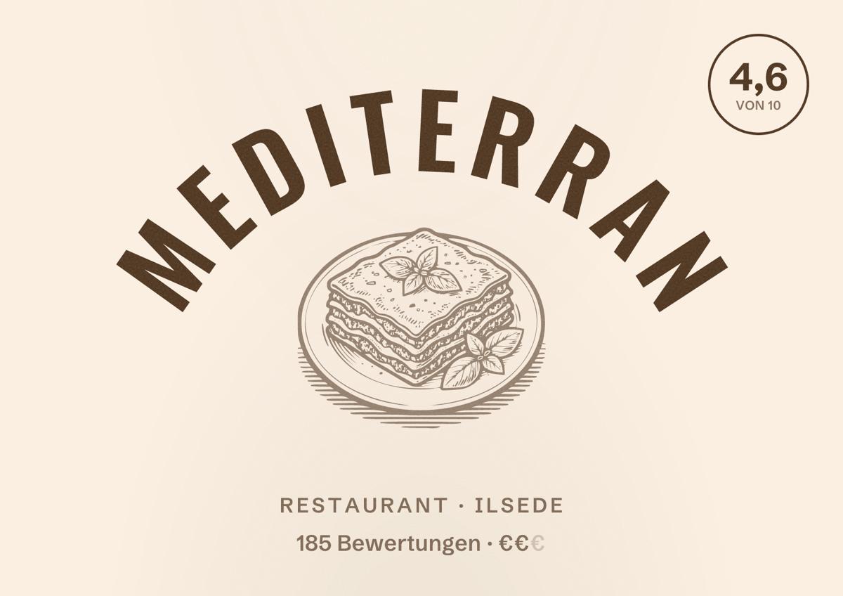Illustriertes Poster von Mediterran, Restaurant in Ilsede: Bewertung 4,6 von 10 aus 185 Bewertungen, Preisniveau €€