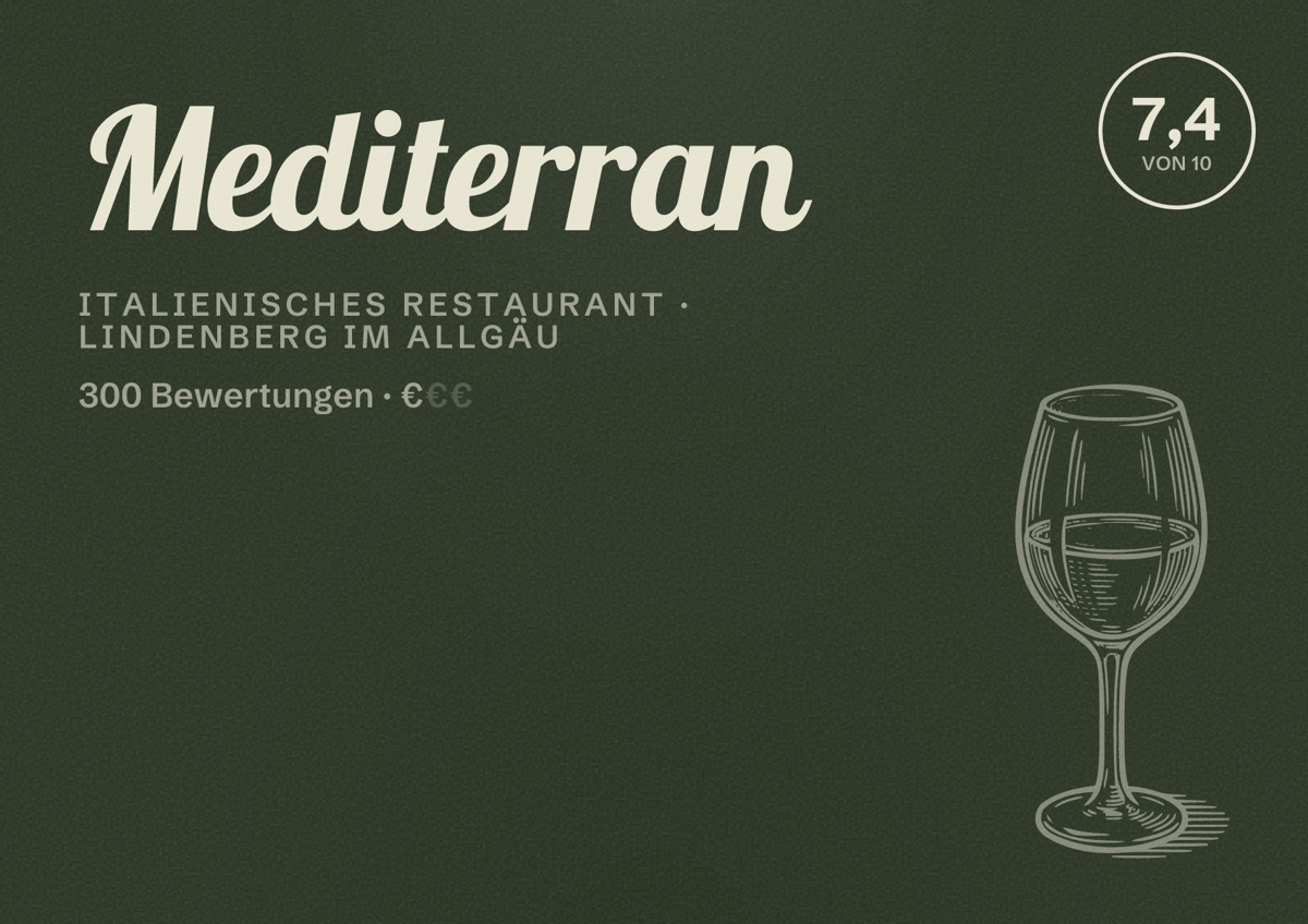 Illustriertes Poster von Mediterran, Italienisches Restaurant in Lindenberg im Allgäu: Bewertung 7,4 von 10 aus 300 Bewertungen, Preisniveau €