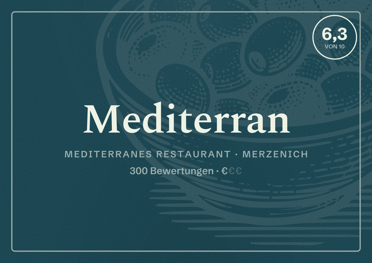 Illustriertes Poster von Mediterran, Mediterranes Restaurant in Merzenich: Bewertung 6,3 von 10 aus 300 Bewertungen, Preisniveau €