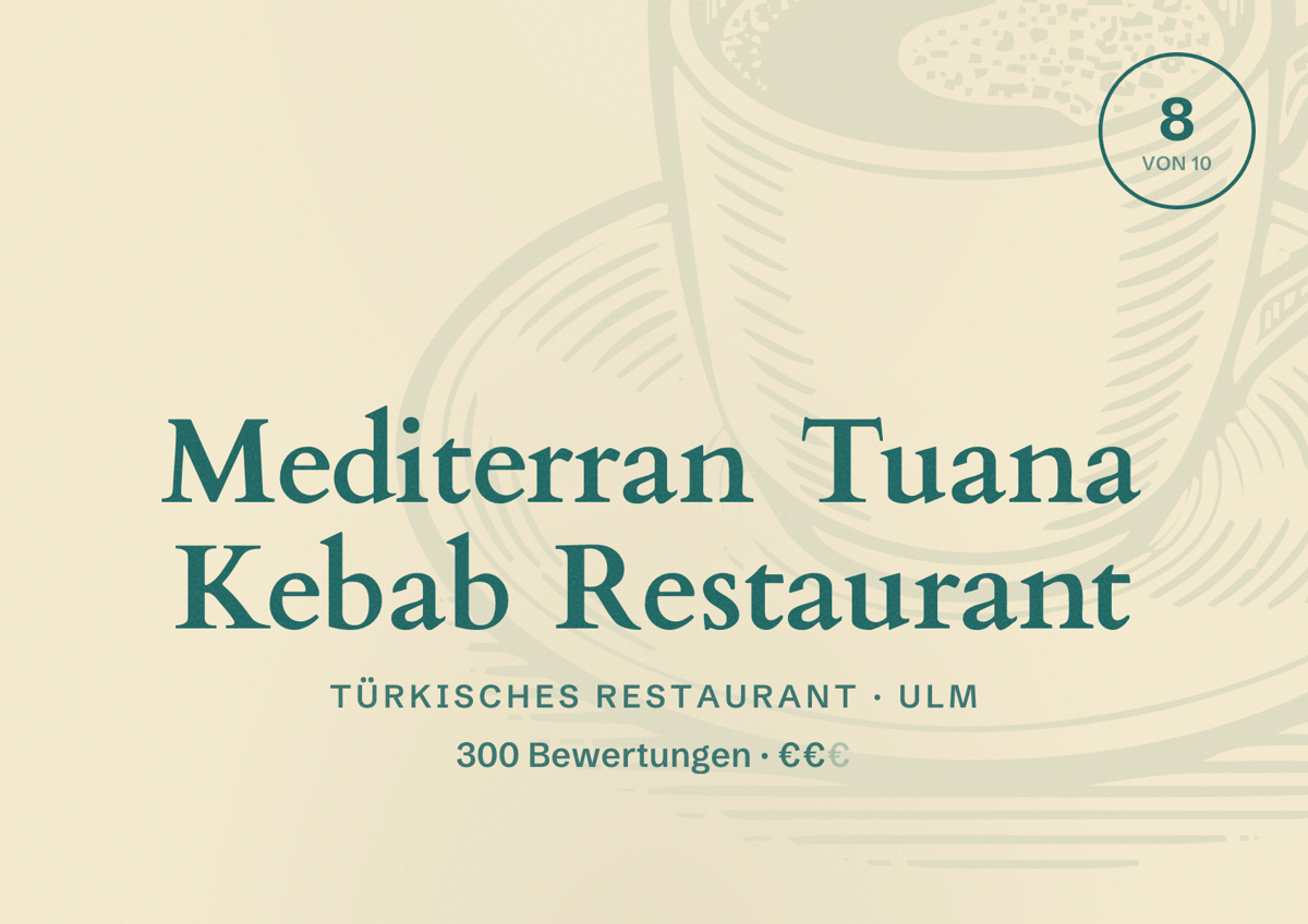 Illustriertes Poster von Mediterran Tuana Kebab Restaurant, Türkisches Restaurant in Ulm: Bewertung 8 von 10 aus 300 Bewertungen, Preisniveau €€