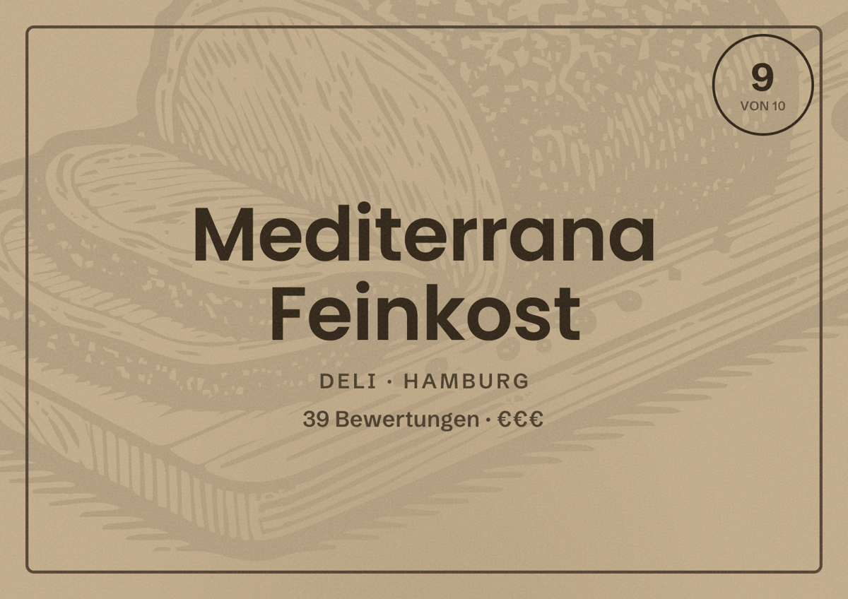 Illustriertes Poster von Mediterrana Feinkost, Deli in Hamburg: Bewertung 9 von 10 aus 39 Bewertungen, Preisniveau €€€