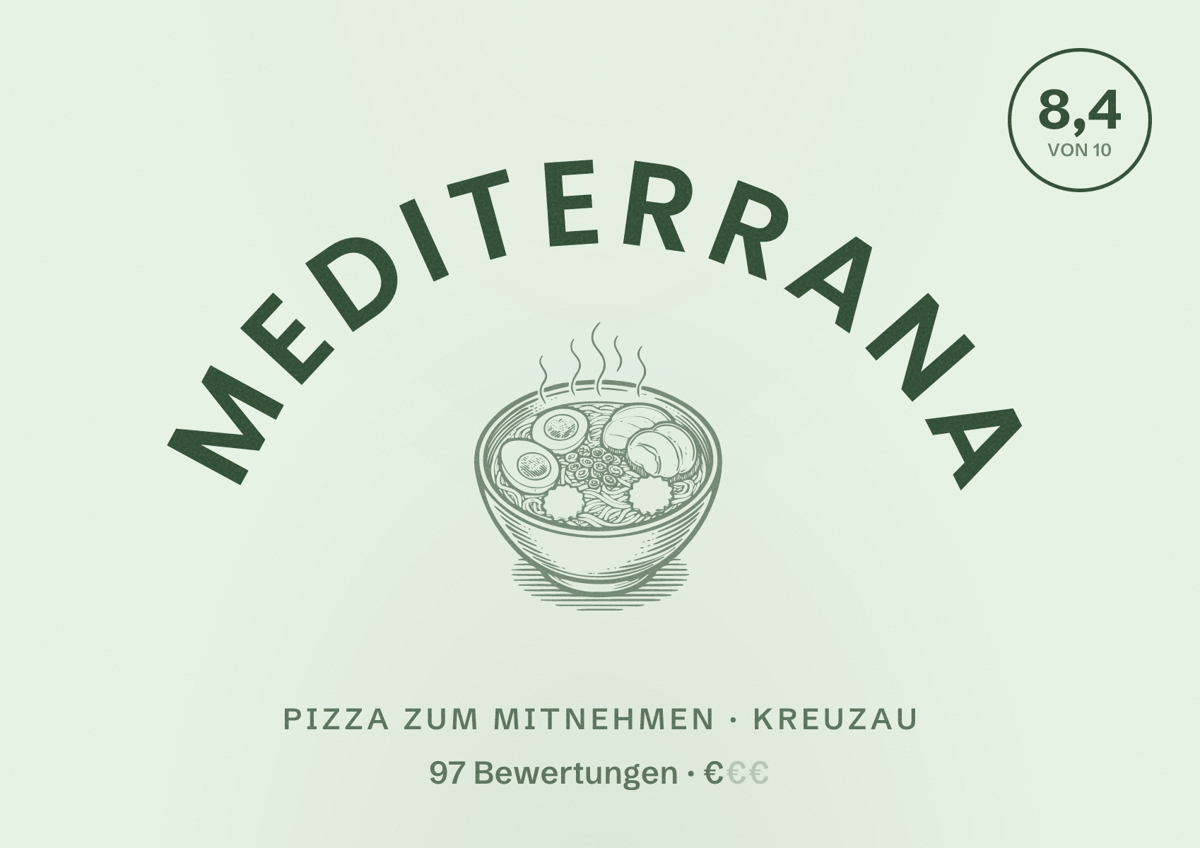 Illustriertes Poster von Mediterrana, Pizza zum Mitnehmen in Kreuzau: Bewertung 8,4 von 10 aus 97 Bewertungen, Preisniveau €