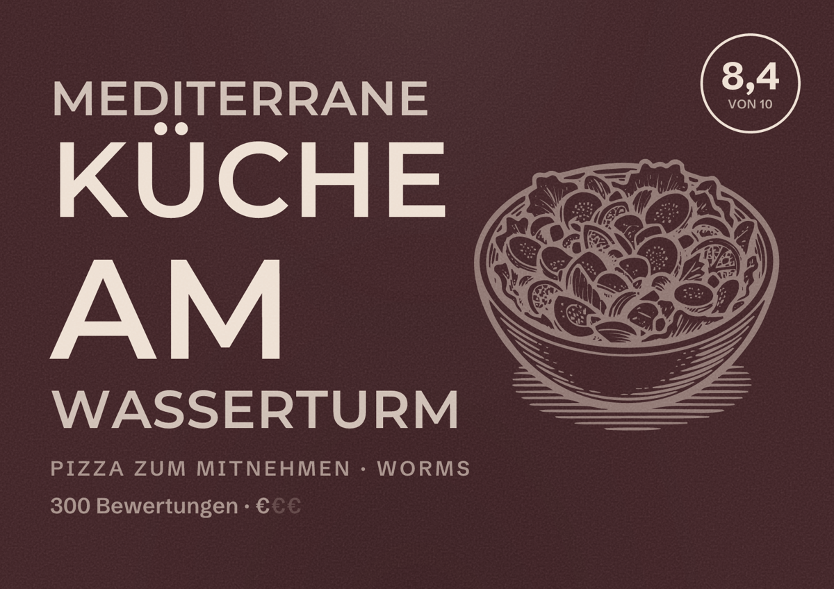 Illustriertes Poster von Mediterrane Küche am Wasserturm, Pizza zum Mitnehmen in Worms: Bewertung 8,4 von 10 aus 300 Bewertungen, Preisniveau €