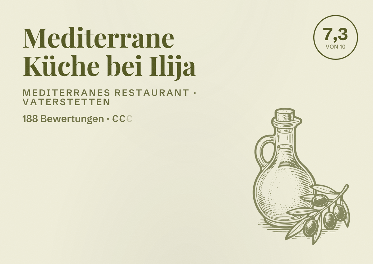 Illustriertes Poster von Mediterrane Küche bei Ilija, Mediterranes Restaurant in Vaterstetten: Bewertung 7,3 von 10 aus 188 Bewertungen, Preisniveau €€