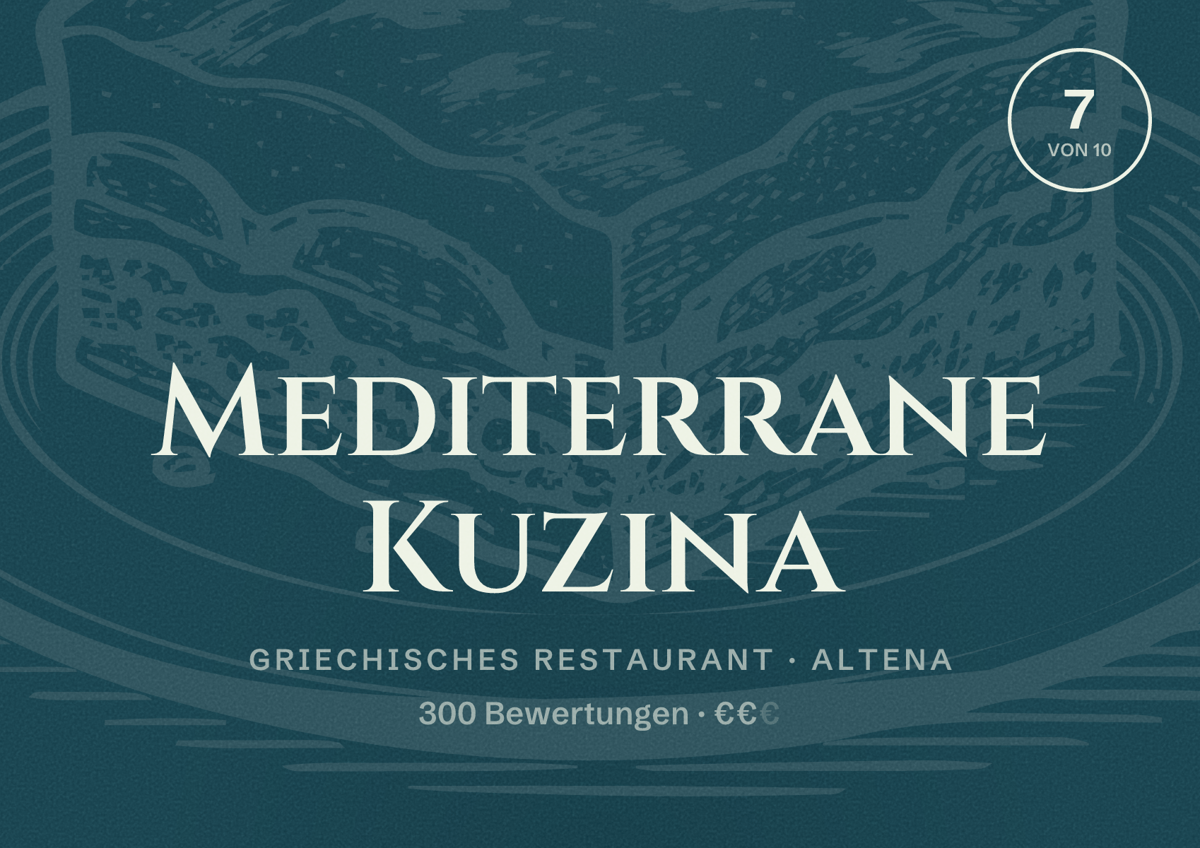 Illustriertes Poster von Mediterrane Kuzina, Griechisches Restaurant in Altena: Bewertung 7 von 10 aus 300 Bewertungen, Preisniveau €€