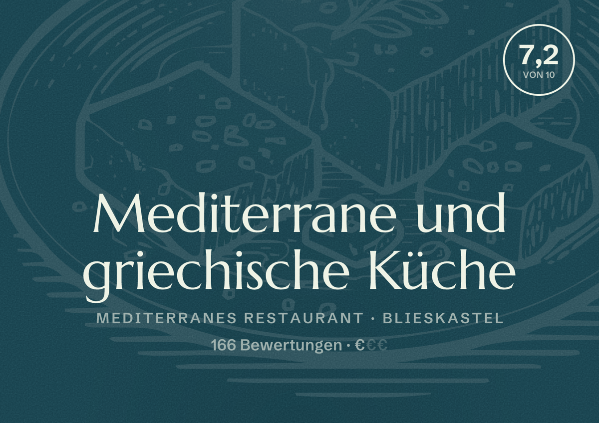 Illustriertes Poster von Mediterrane und griechische Küche, Mediterranes Restaurant in Blieskastel: Bewertung 7,2 von 10 aus 166 Bewertungen, Preisniveau €