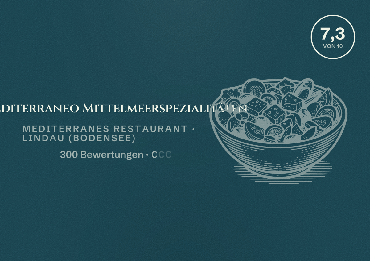 Illustriertes Poster von Mediterraneo Mittelmeerspezialitäten, Mediterranes Restaurant in Lindau (Bodensee): Bewertung 7,3 von 10 aus 300 Bewertungen, Preisniveau €