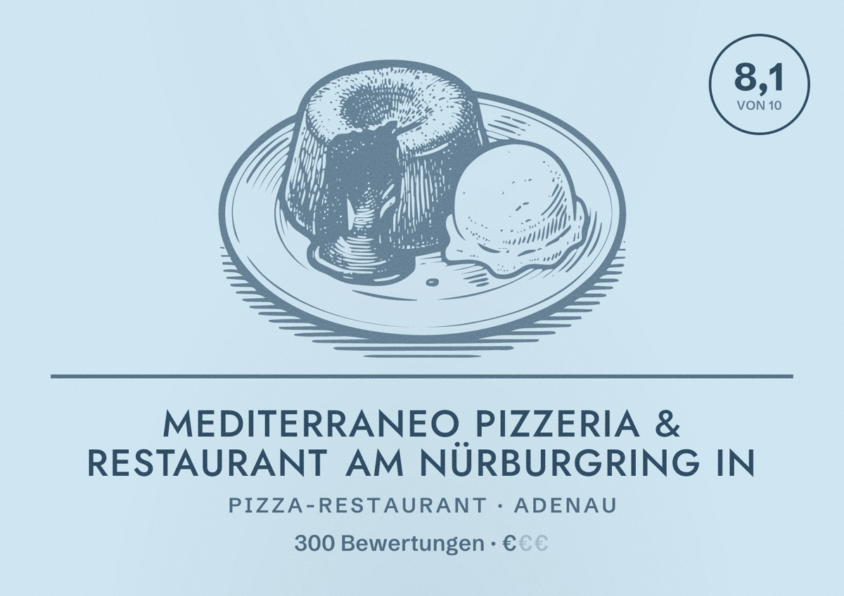 Illustriertes Poster von MEDITERRANEO Pizzeria & Restaurant am Nürburgring in, Pizza-Restaurant in Adenau: Bewertung 8,1 von 10 aus 300 Bewertungen, Preisniveau €