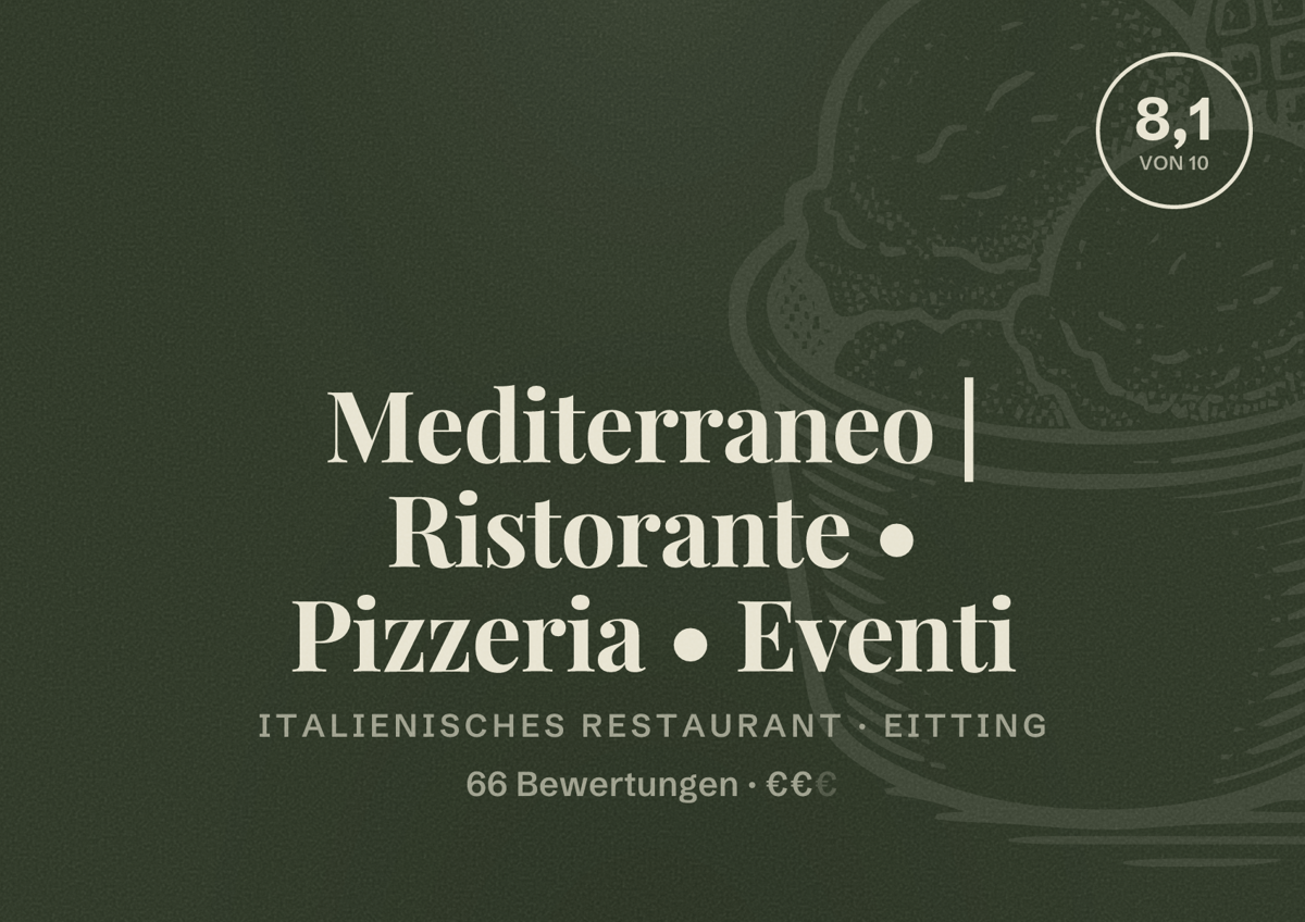 Illustriertes Poster von Mediterraneo | Ristorante • Pizzeria • Eventi, Italienisches Restaurant in Eitting: Bewertung 8,1 von 10 aus 66 Bewertungen, Preisniveau €€