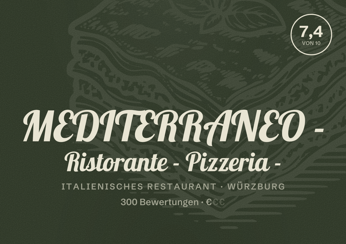 Illustriertes Poster von MEDITERRANEO - Ristorante - Pizzeria -, Italienisches Restaurant in Würzburg: Bewertung 7,4 von 10 aus 300 Bewertungen, Preisniveau €